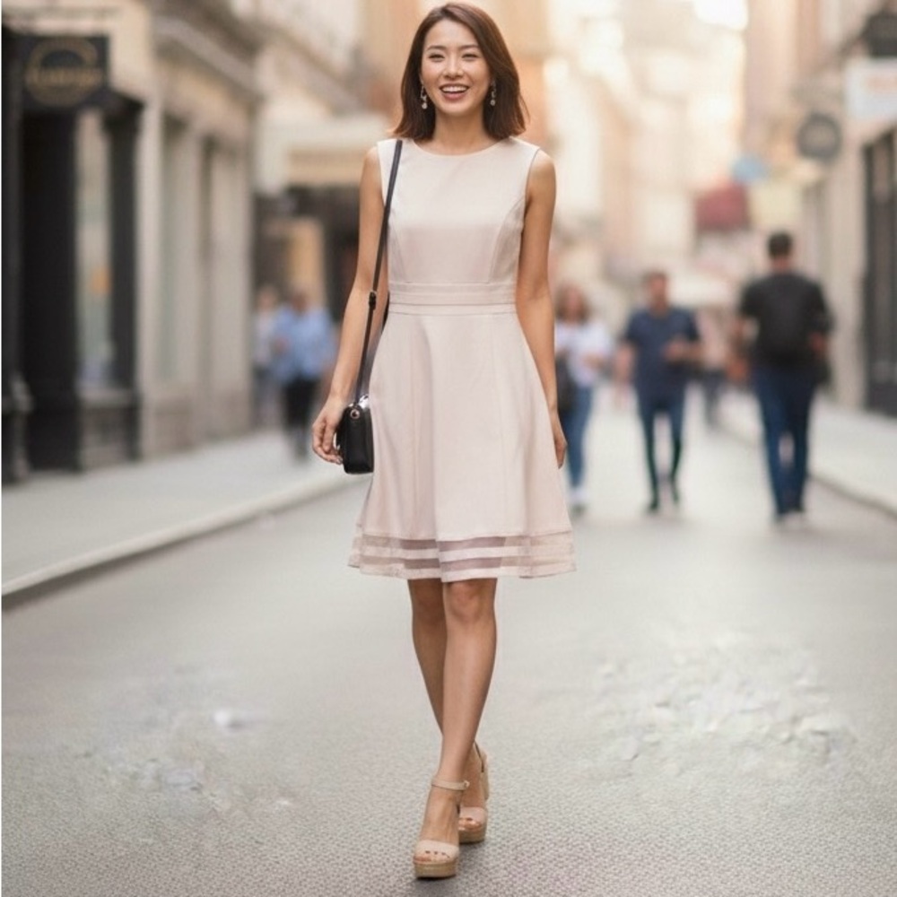 Calvin Klein Sleeveless Fit & Flare Dress Size 4 Petite Cream